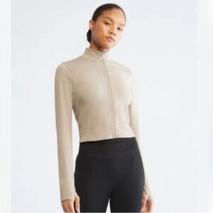 PLT Light Beige Cropped Ling Sleeve Zip Up Top